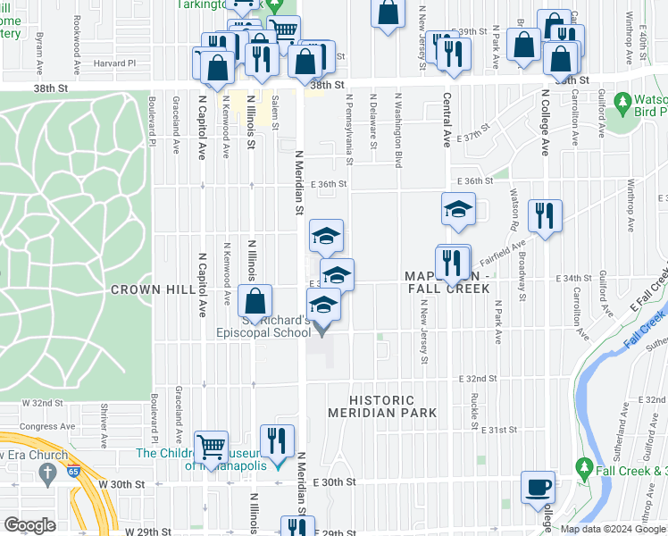 map of restaurants, bars, coffee shops, grocery stores, and more near 3401 North Meridian Street in Indianapolis