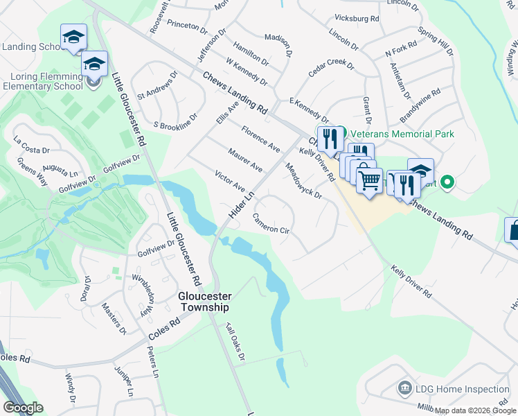 map of restaurants, bars, coffee shops, grocery stores, and more near 26 Cameron Circle in Laurel Springs
