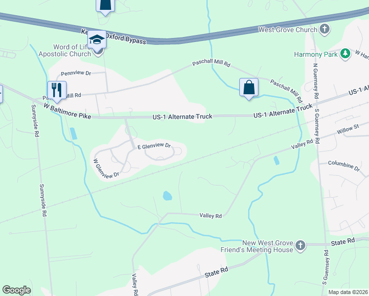 map of restaurants, bars, coffee shops, grocery stores, and more near 519 Westview Court in West Grove