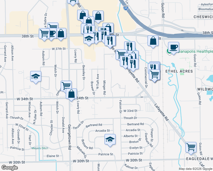 map of restaurants, bars, coffee shops, grocery stores, and more near 3424 Minger Road in Indianapolis