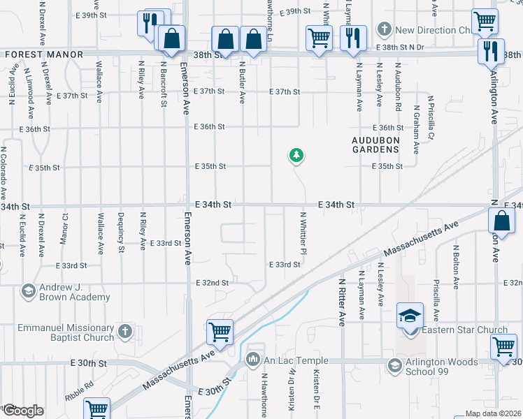 map of restaurants, bars, coffee shops, grocery stores, and more near 5329 East 34th Street in Indianapolis
