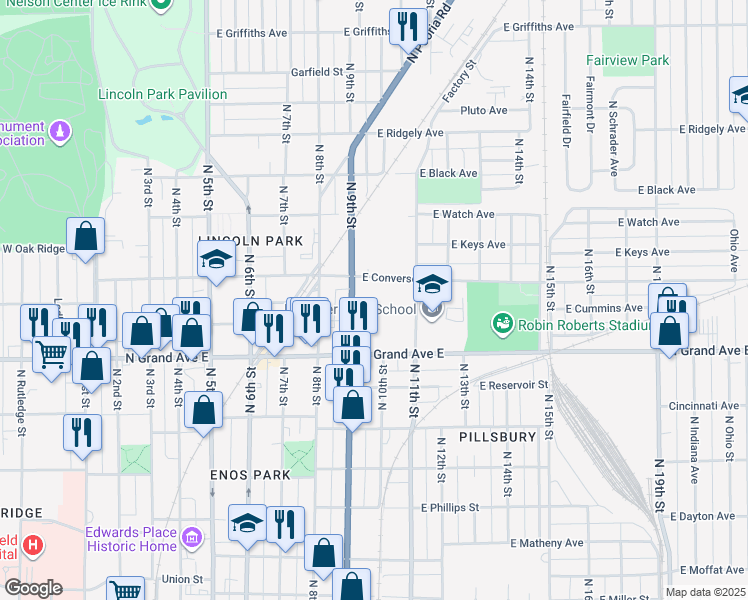 map of restaurants, bars, coffee shops, grocery stores, and more near in Springfield
