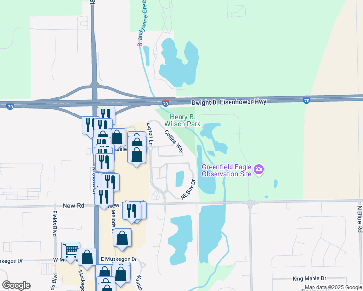 map of restaurants, bars, coffee shops, grocery stores, and more near 2249 Collins Way in Greenfield