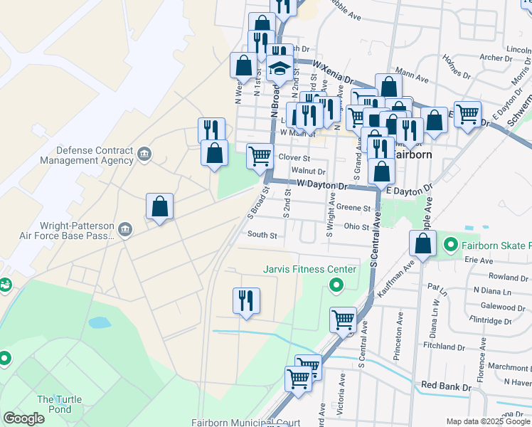 map of restaurants, bars, coffee shops, grocery stores, and more near 525 Ohio Street in Fairborn