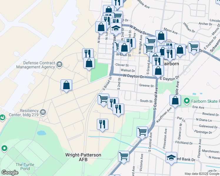 map of restaurants, bars, coffee shops, grocery stores, and more near 525 Ohio Street in Fairborn