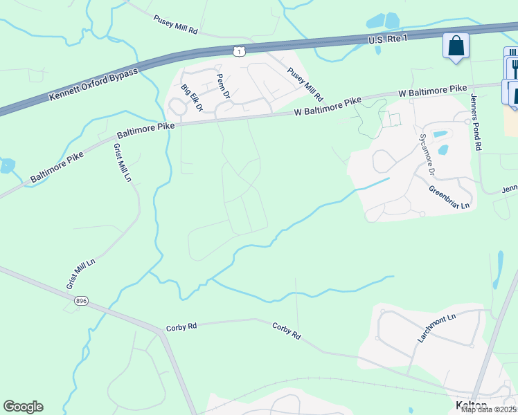 map of restaurants, bars, coffee shops, grocery stores, and more near 278 Letitia Manor Drive in West Grove