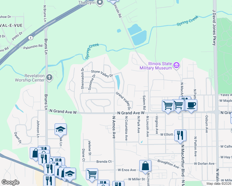 map of restaurants, bars, coffee shops, grocery stores, and more near 19 Grand Valley Drive in Springfield