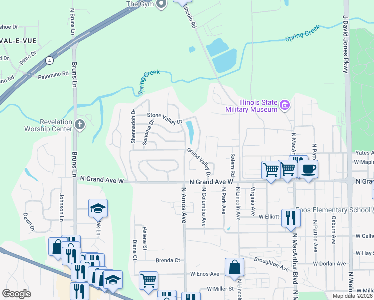 map of restaurants, bars, coffee shops, grocery stores, and more near 27 Grand Valley Drive in Springfield