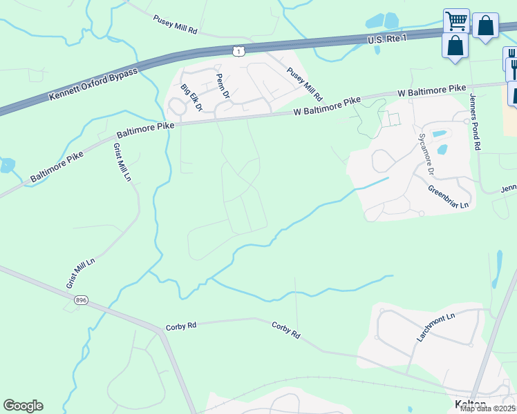 map of restaurants, bars, coffee shops, grocery stores, and more near 278 Letitia Manor Drive in West Grove