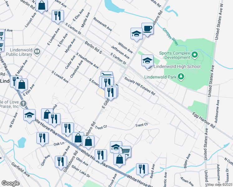 map of restaurants, bars, coffee shops, grocery stores, and more near 403 East Gibbsboro Road in Lindenwold
