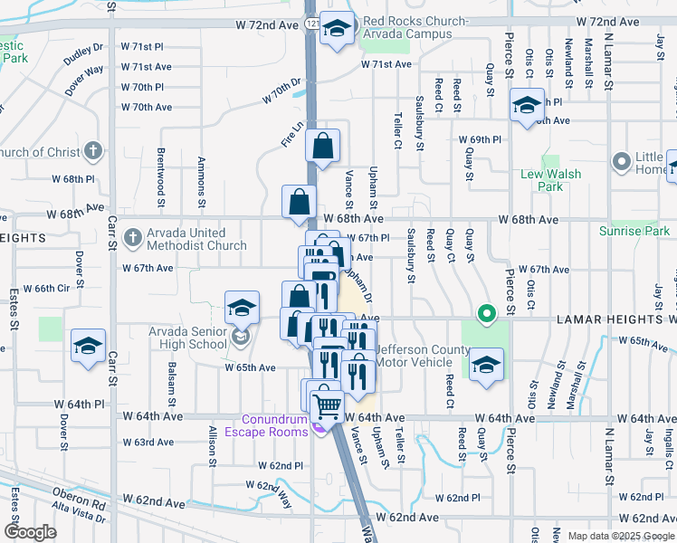 map of restaurants, bars, coffee shops, grocery stores, and more near 6631 Upham Drive in Arvada