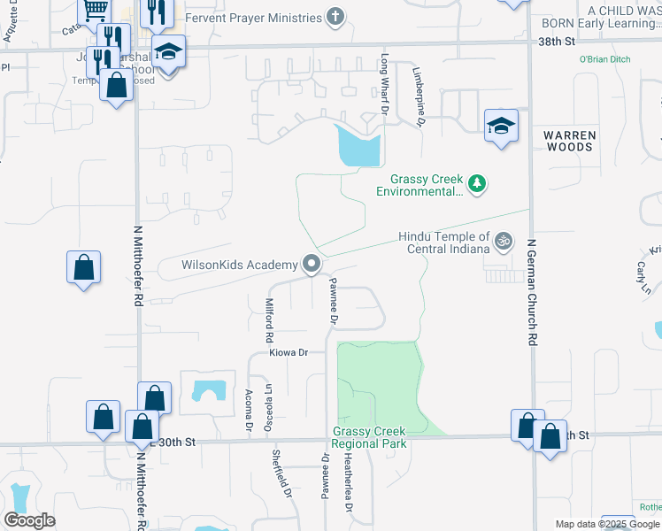 map of restaurants, bars, coffee shops, grocery stores, and more near 10506 Moqui Court in Indianapolis