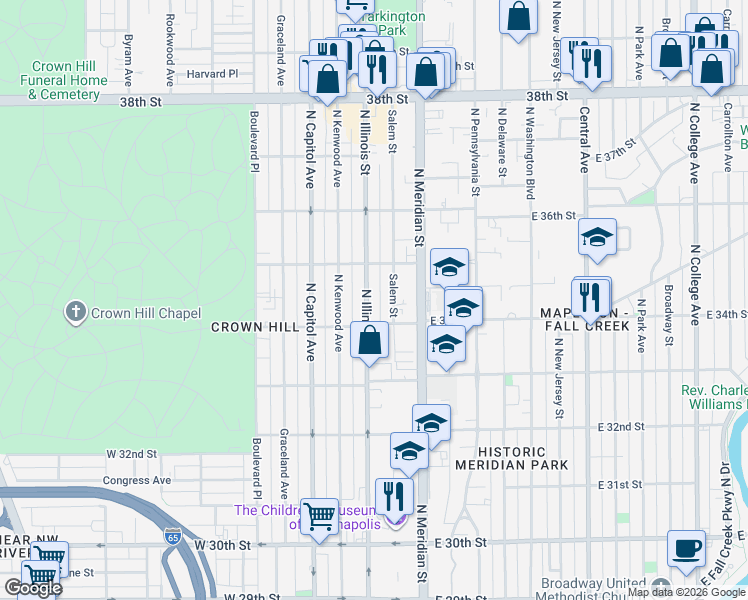 map of restaurants, bars, coffee shops, grocery stores, and more near 53 West 34th Street in Indianapolis