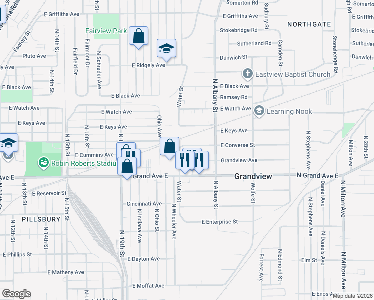 map of restaurants, bars, coffee shops, grocery stores, and more near 2101 Grandview Avenue in Grandview