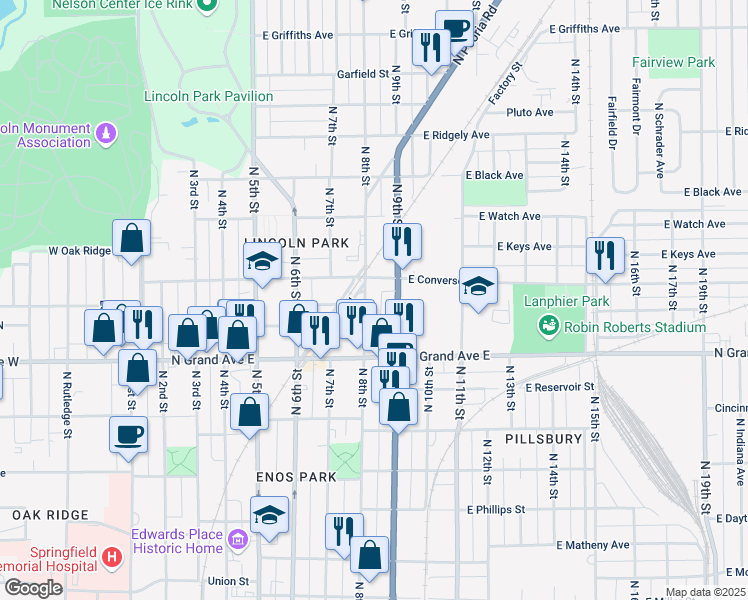 map of restaurants, bars, coffee shops, grocery stores, and more near 1232 A North 8th Street in Springfield