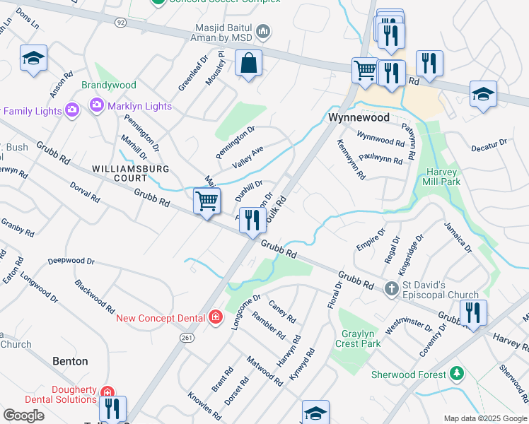 map of restaurants, bars, coffee shops, grocery stores, and more near 2512 Pennington Drive in Wilmington