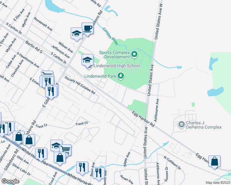 map of restaurants, bars, coffee shops, grocery stores, and more near 121 Colonial Square Drive in Lindenwold