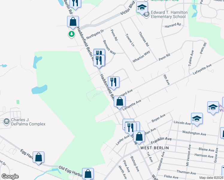 map of restaurants, bars, coffee shops, grocery stores, and more near 1239 Haddonfield-Berlin Road in Cherry Hill