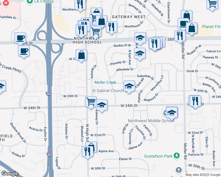 map of restaurants, bars, coffee shops, grocery stores, and more near 3502 North Faculty Drive in Indianapolis