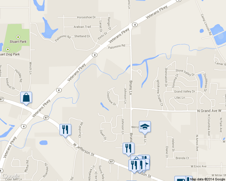 map of restaurants, bars, coffee shops, grocery stores, and more near 1399 Crestview Dr in Springfield