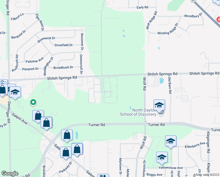 map of restaurants, bars, coffee shops, grocery stores, and more near 2500 Orchard Drive in Trotwood