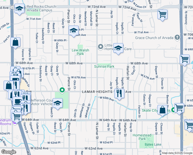 map of restaurants, bars, coffee shops, grocery stores, and more near in Arvada