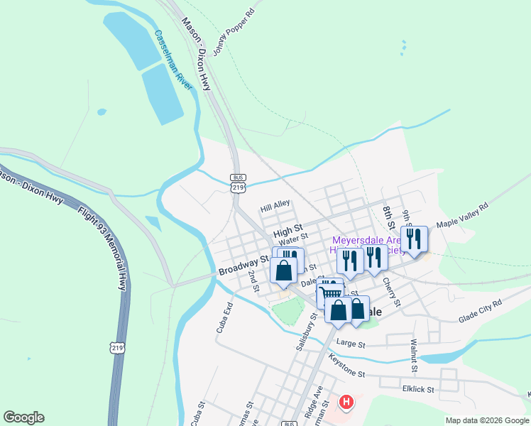 map of restaurants, bars, coffee shops, grocery stores, and more near 4517 Mason Dixon Highway in Meyersdale