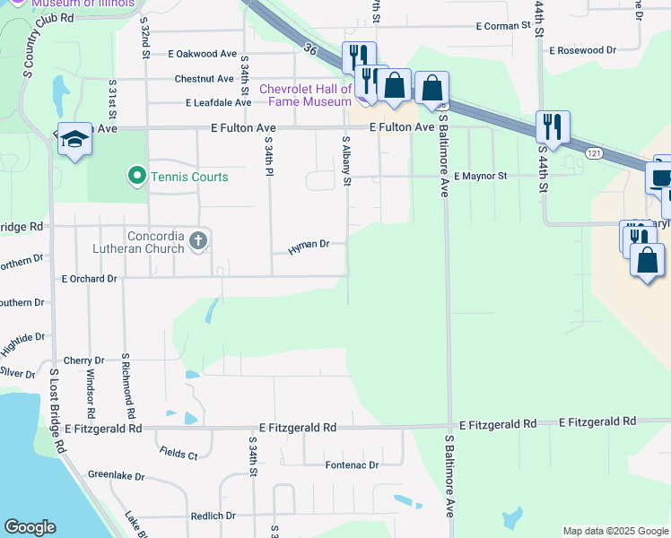 map of restaurants, bars, coffee shops, grocery stores, and more near 3566 East Orchard Drive in Decatur