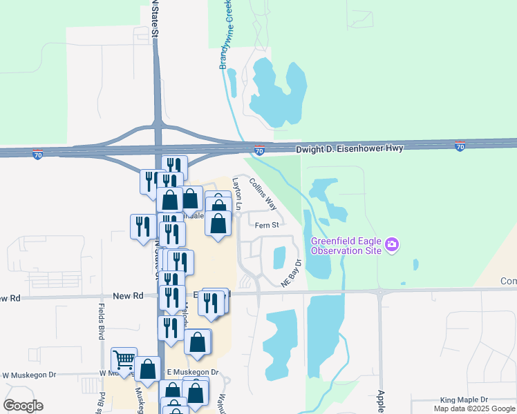 map of restaurants, bars, coffee shops, grocery stores, and more near 650 Florence Drive in Greenfield