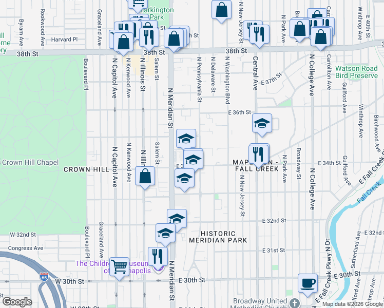 map of restaurants, bars, coffee shops, grocery stores, and more near 3444 North Pennsylvania Street in Indianapolis