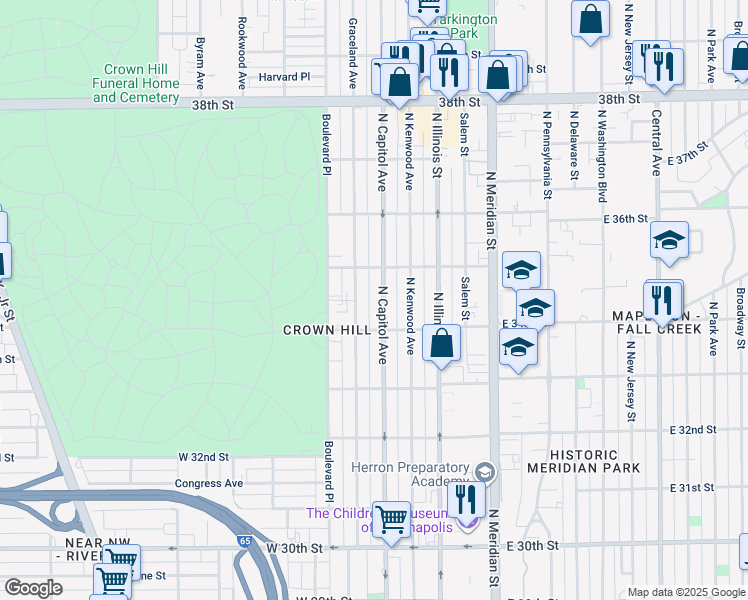 map of restaurants, bars, coffee shops, grocery stores, and more near 3459 North Capitol Avenue in Indianapolis