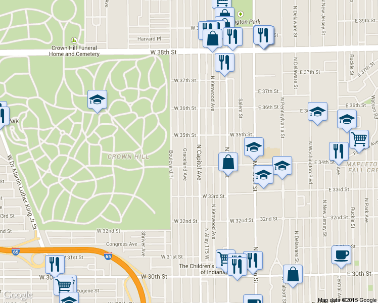 map of restaurants, bars, coffee shops, grocery stores, and more near 3458 Graceland Avenue in Indianapolis