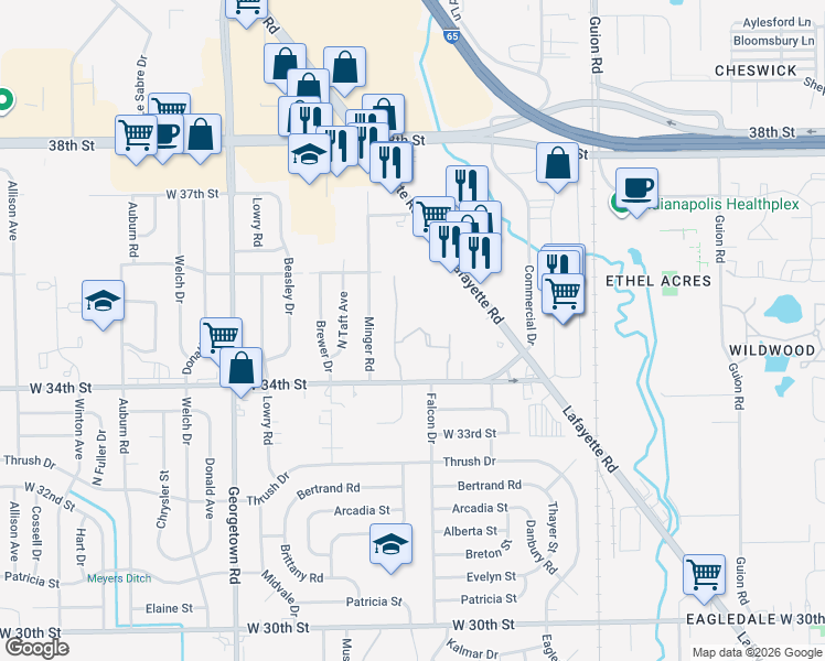 map of restaurants, bars, coffee shops, grocery stores, and more near 3515 North Rybolt Avenue in Indianapolis