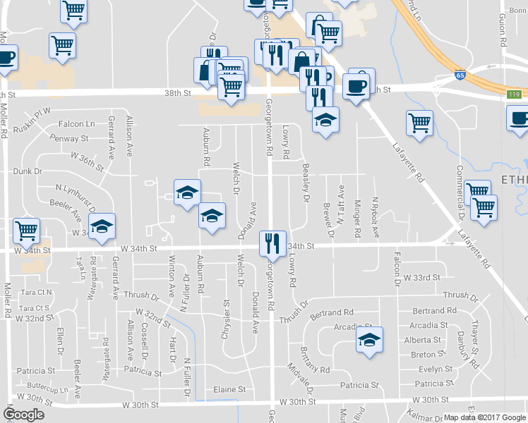 map of restaurants, bars, coffee shops, grocery stores, and more near 3501 Donald Avenue in Indianapolis