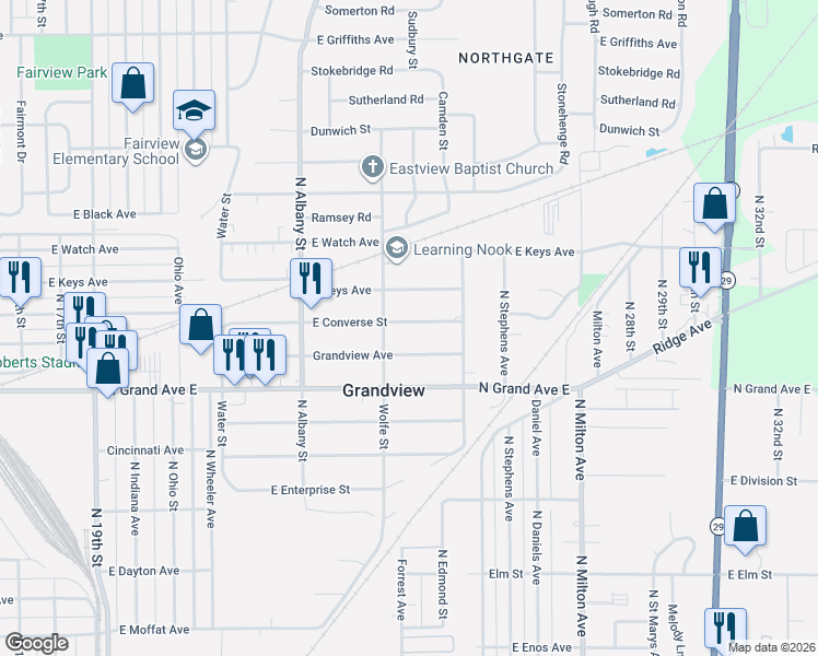map of restaurants, bars, coffee shops, grocery stores, and more near 2345 East Converse Avenue in Grandview