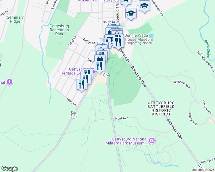 map of restaurants, bars, coffee shops, grocery stores, and more near 125 Taneytown Rd in Gettysburg