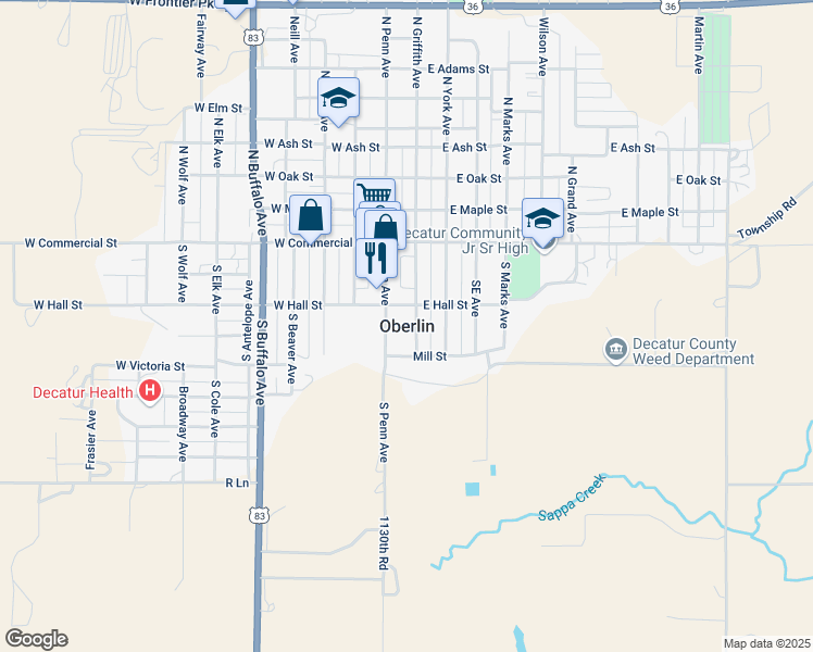 map of restaurants, bars, coffee shops, grocery stores, and more near in Oberlin