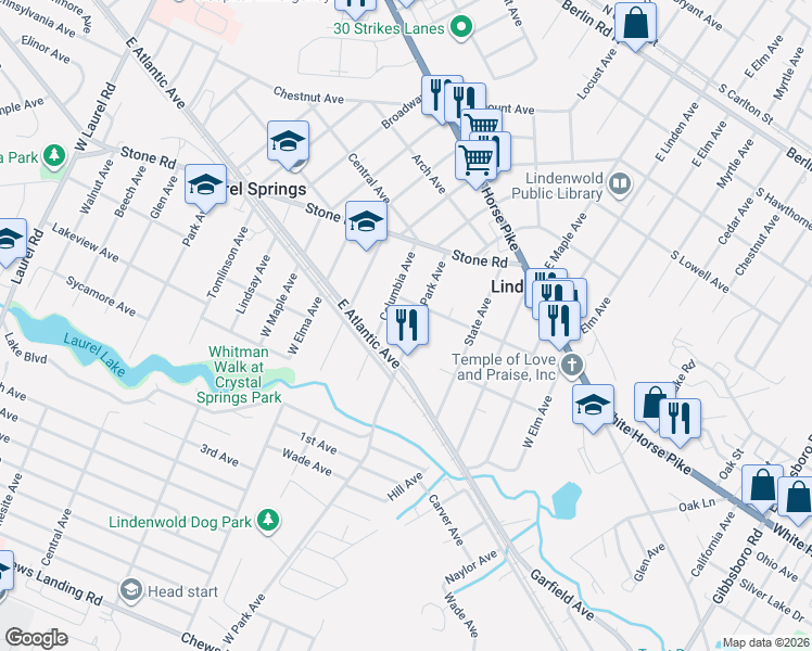 map of restaurants, bars, coffee shops, grocery stores, and more near 106 Columbia Avenue in Lindenwold