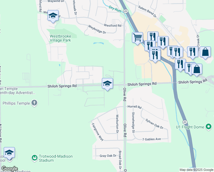 map of restaurants, bars, coffee shops, grocery stores, and more near 3100 Shiloh Springs Road in Trotwood