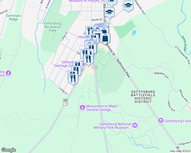 map of restaurants, bars, coffee shops, grocery stores, and more near 97 Taneytown Road in Gettysburg