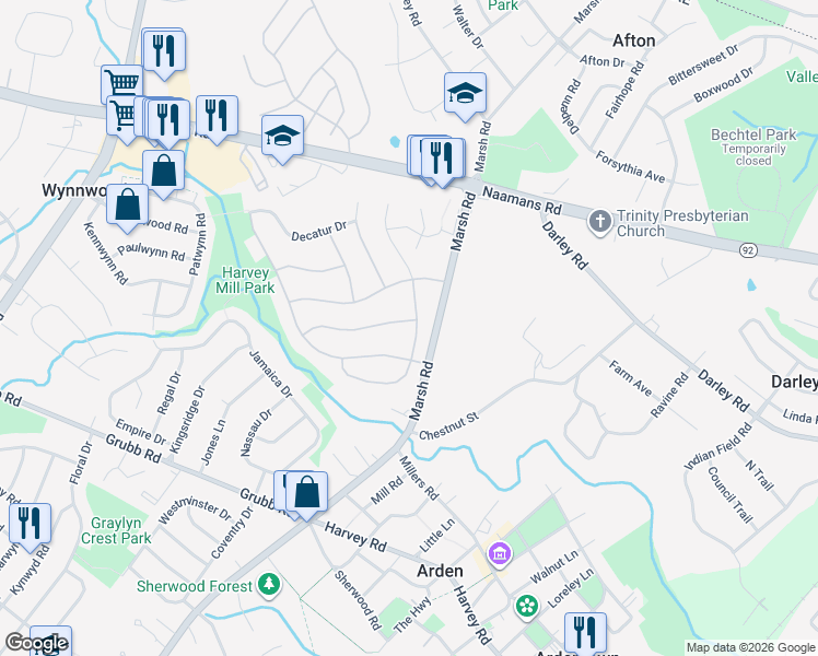 map of restaurants, bars, coffee shops, grocery stores, and more near 2313 Larkwood Drive in Wilmington