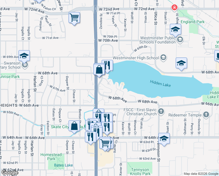 map of restaurants, bars, coffee shops, grocery stores, and more near 6860 Zenobia Circle in Westminster