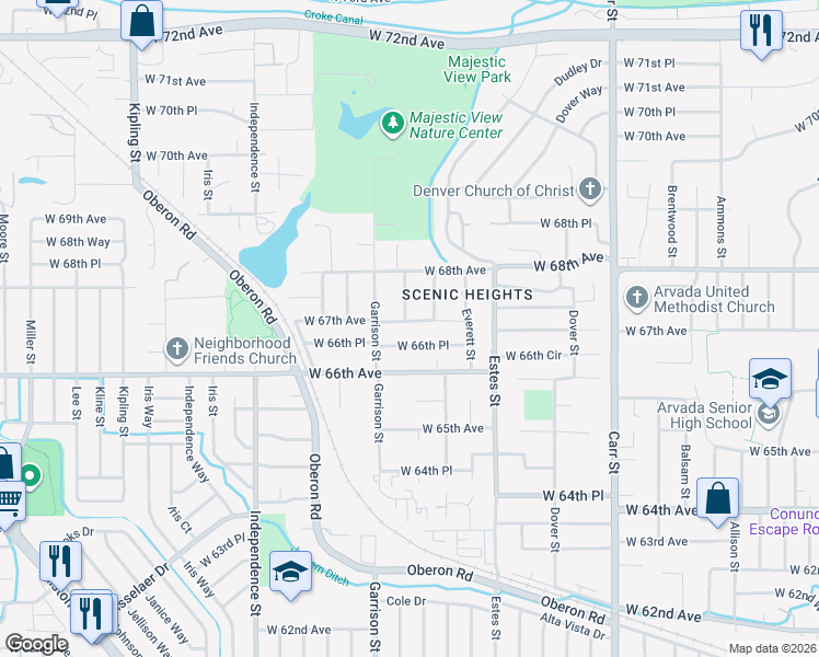 map of restaurants, bars, coffee shops, grocery stores, and more near 6722 Flower Street in Arvada