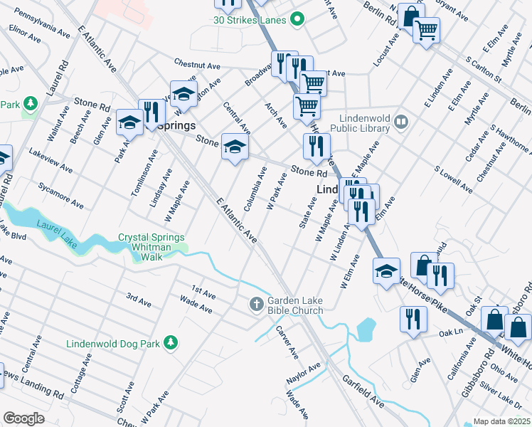 map of restaurants, bars, coffee shops, grocery stores, and more near 53 West Park Avenue in Lindenwold