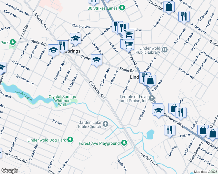 map of restaurants, bars, coffee shops, grocery stores, and more near 53 West Park Avenue in Lindenwold