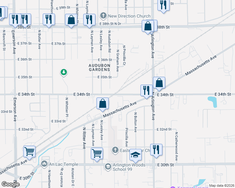 map of restaurants, bars, coffee shops, grocery stores, and more near 3413 North Graham Avenue in Indianapolis