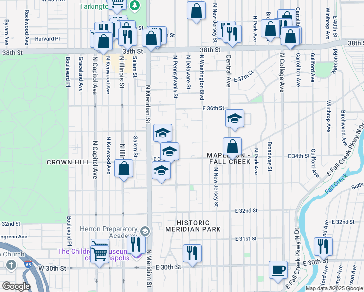 map of restaurants, bars, coffee shops, grocery stores, and more near 3445 North Pennsylvania Street in Indianapolis