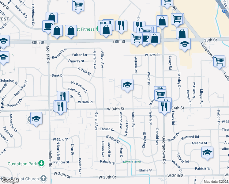 map of restaurants, bars, coffee shops, grocery stores, and more near 3522 Kebil Drive in Indianapolis