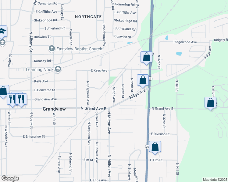 map of restaurants, bars, coffee shops, grocery stores, and more near 1328-1440 Milton Avenue in Springfield