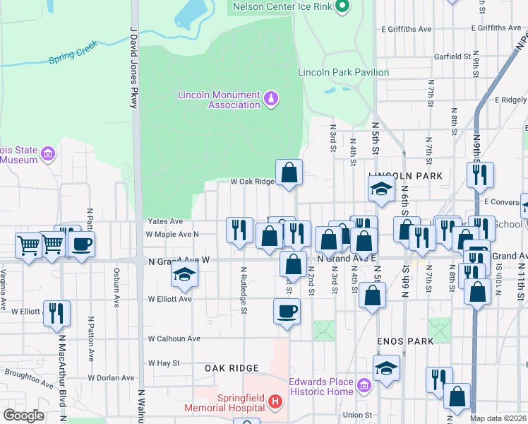 map of restaurants, bars, coffee shops, grocery stores, and more near 1341 Ledlie Avenue in Springfield
